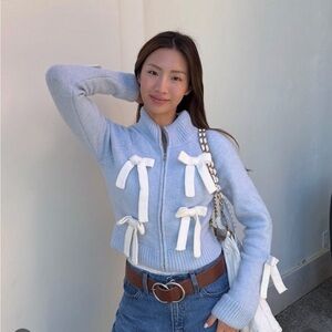 Women's Blue and White Bow-Accent Jacket CIDER